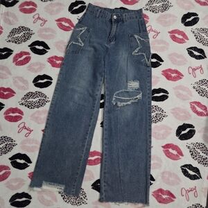 Baggy Blue Jeans With Star Desing On Pockets
